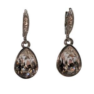 Vintage Signed Givenchy Silver Tone Teardrop CZ Dangle Lever Back Earrings